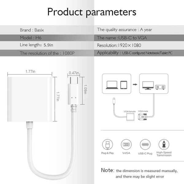 Multifunktionell USB C till VGA Adapter Typ C till VGA Adapter Konverterare