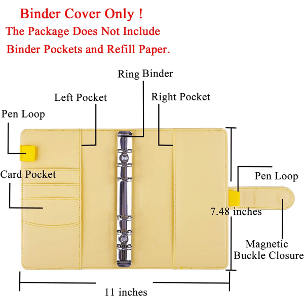 A6 PU Läder Notebook Pärm Återfyllbar 6 Ring Pärm för A6 Yellow