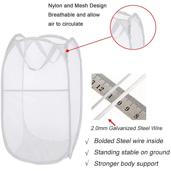 Mesh Pop-up-tvättkorg – Fällbar lätt korg för tvätt – Hållbar klädförvaring för barnrum, studenthem, hem, resor &