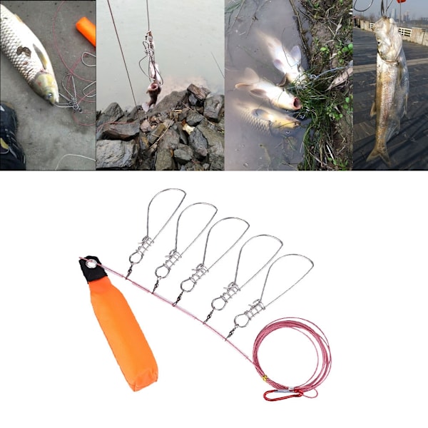 Fiskesnor av rustfritt stål, tungt, med 5 låsbare snaps, tau og flyte