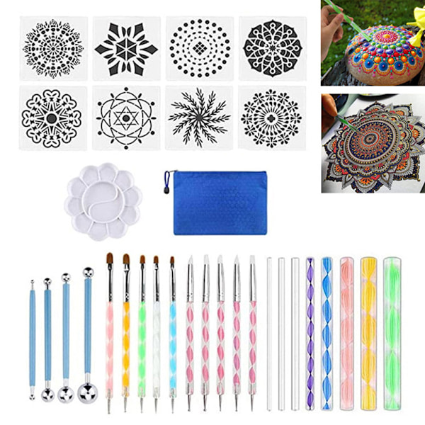 32 stk. Mandala Dotting Tools Stencil Sæt med lynlås opbevaringspose, til maling af sten, tegning, børns håndværk, neglekunst