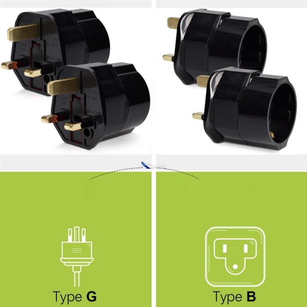 2 stk reiseadapter, EU til UK uttak strømadapter