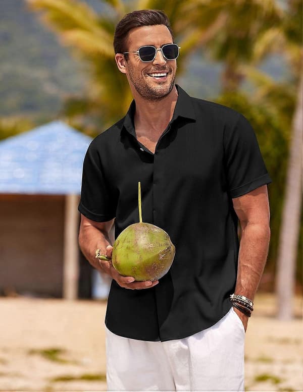 Letvægts hør casual button-down kortærmet skjorte til mænd Black M