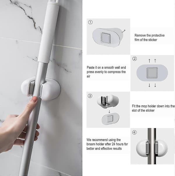 3 stk. Kost- og moppeholder, vægmonteret organisator til opbevaring af børster, mopper og koste