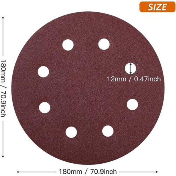 40 stk. 180mm 240 Grit slibeskiver - 180mm skiver - 8 huller -