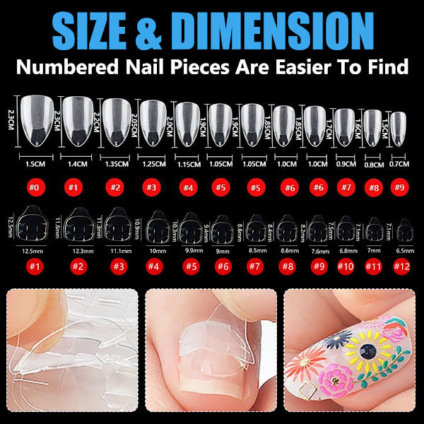 Mandelformede korte negletips, fuld dækkende negletips, forformede semi-matte tips negle gelé negletips - 360 stykker 10 størrelser, 4 stykker neglelim