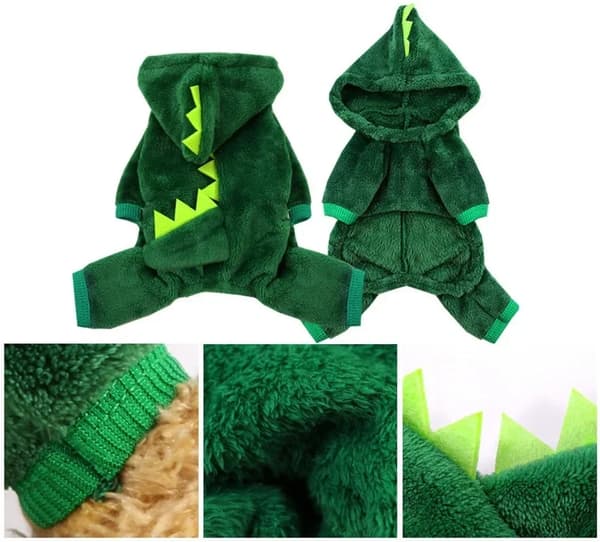 Dinosaurkostume til katte og små hunde til Halloween, varm fleecefrakke, afslappet stil til efterår/vinter S Verde
