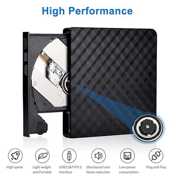 Ulkoinen DVD-asema, USB 3.0 Type-C -poltin, kirjoitin, lukija, kannettava tietokoneelle, pöytätietokoneelle, MacBookille, Macille, Windows 7/8/10