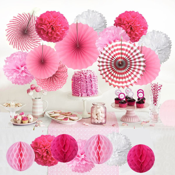 19 Stück Seidenpapier Pompoms, Papier Fans Fächer und Rosa