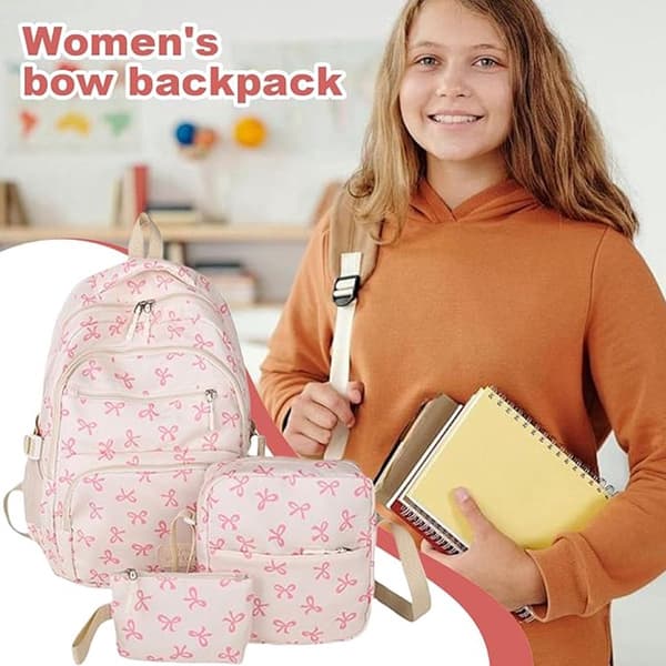 Girls' Printed Backpack - Student Backpack - Cute Three-Piece Bow Backpack - Suitable for Travel, School, and Commuting Black and red