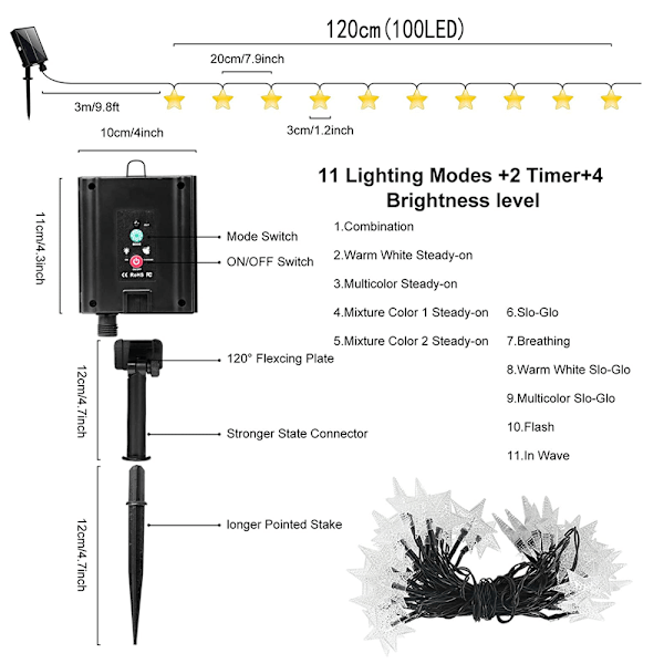 Solar Star String Lights 39.3ft 100LED Fairy Lights med 8 moduser