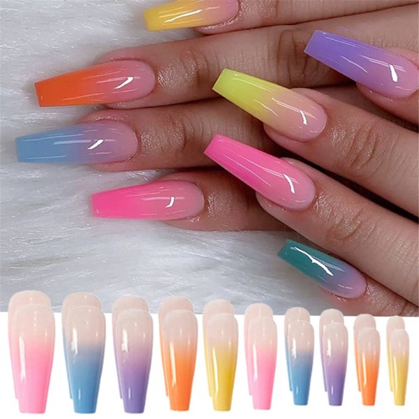 48 Pcs Press on Nails Coffin, Long Fake Nails Rainbow Gradient