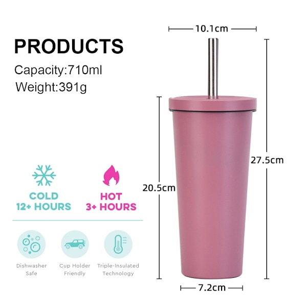 710 ml termosmugg med lock och sugrör, återanvändbar termosmugg i rostfritt stål för iste