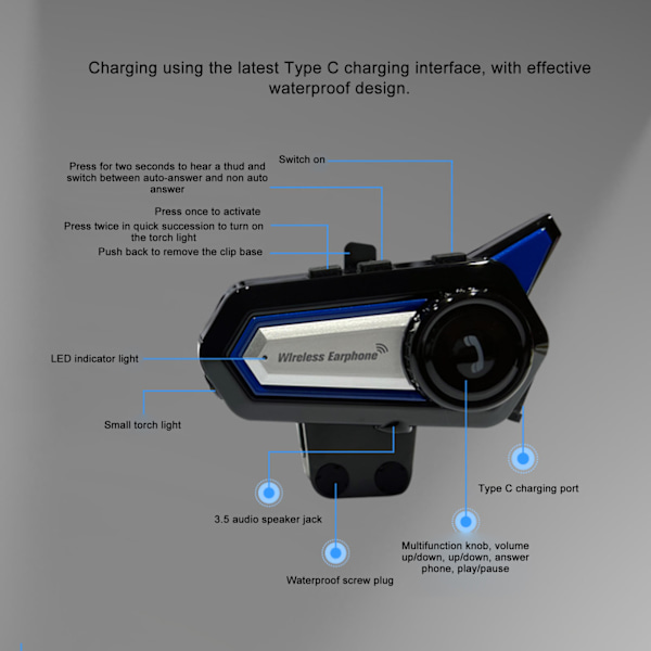 BT31 Motorcykel Bluetooth Hjälm Headset Trådlöst Handsfree Stereo Vattentätt Brusreducerande Headset med Ficklampa