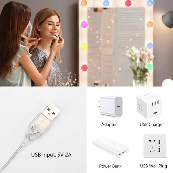 6 stk Hollywood-stil LED-sminke speil lys - 3 farger - Speil ikke inkludert