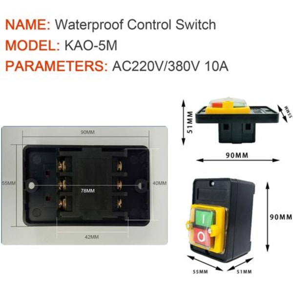 Tryckknappsbrytare, AC 220V/380V 10A Vattentät strömbrytare