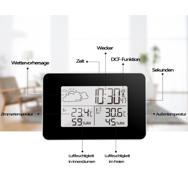 Værstasjon med radiovekkerklokke, termometer/hygrometer