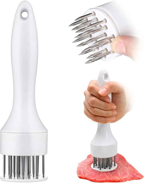 Stainless Steel Meat Tenderizer, 21 Sharp Needles, for Tenderizing Beef, Turkey, Chicken, Steak, Pork, Fish (Black) White