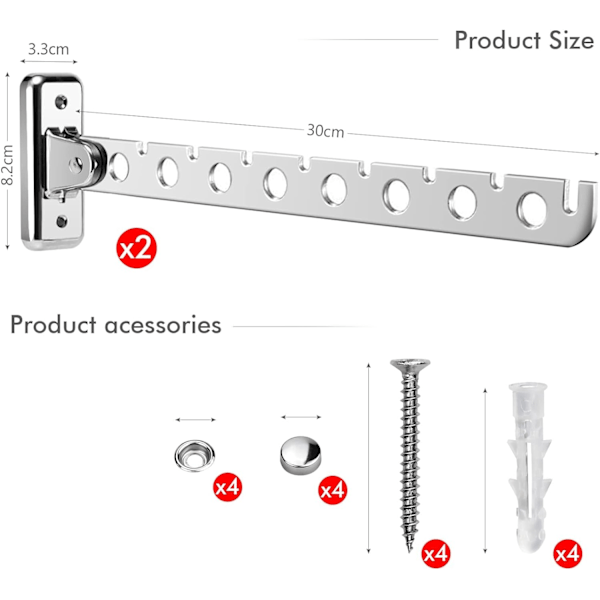 2 kappaletta ruostumattomasta teräksestä valmistettuja seinään kiinnitettäviä taittuvia vaatteidenkuivaustelineitä, seinään kiinnitettävä taittuva vaatetanko, ruuveilla ja tapilla, makuuhuoneeseen ja olohuoneeseen