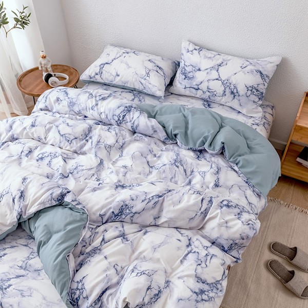 3Pcs/Set Polyester Marbled Bedding Set Quilt Cover with Pillowcase AU-Double Size (Blue)