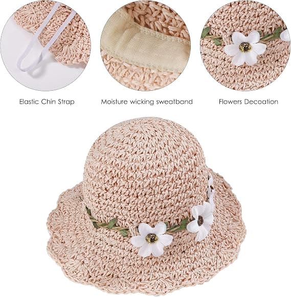 Pige stråhatte Sammenfoldelig solhat (pudder) med blomsterdekoration Sommerhat til børn Strandrejser Vandring