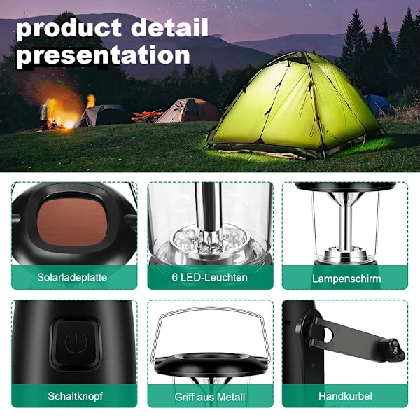 Alftek 6 LED solardriven handvevad dynamo LED-lampa / lykta / lampa för utomhuscamping / jakt / vandring / segling