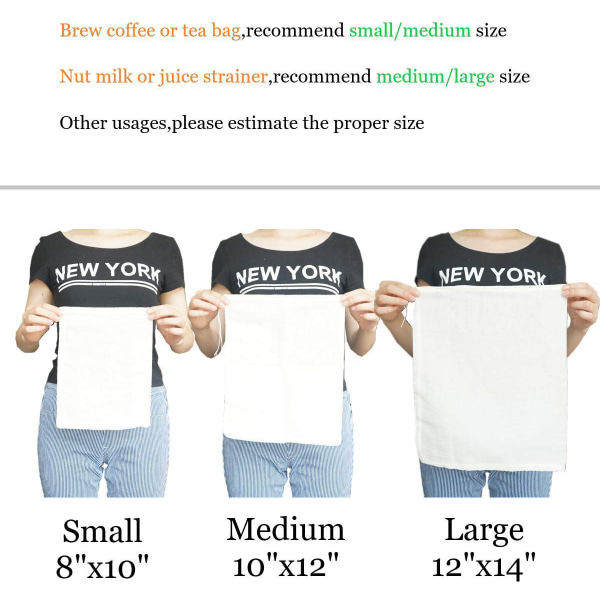 Ostedukposer, Nøttemelkssil, Cold Brew Bag, 100 % økologisk ubleket bomullsmuslinstoffposer, Gjenbrukbar yoghurt/kaffe/te/juice/vinsil, netting
