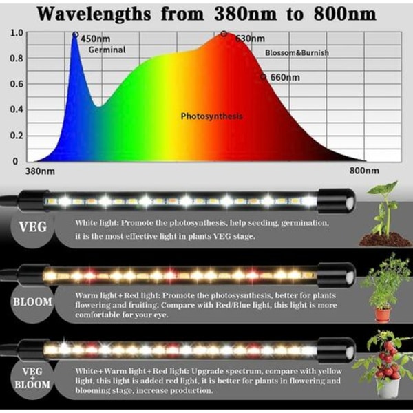 Växtlampa, 2020 Ny 80 LED 4 Huvuden Växtlampa, AUTO - PÅ/AV Timer LED Växtlampa för Fröplantor, Suckulenter, Orkidéer (660nm/3000K/5000K)