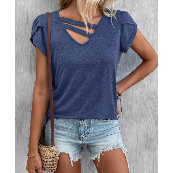 Dam Sommar Kortärmad V-ringad Lös Casual Stil Enfärgad Blombbladärm Topp för Dejting Resor Shopping Purpurblå S
