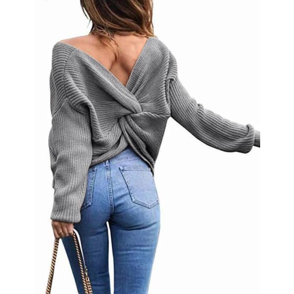 Dame Casual Crossback Rygløs Lang Flagermusærme Løs Strikket Pullover Blå M Blue M