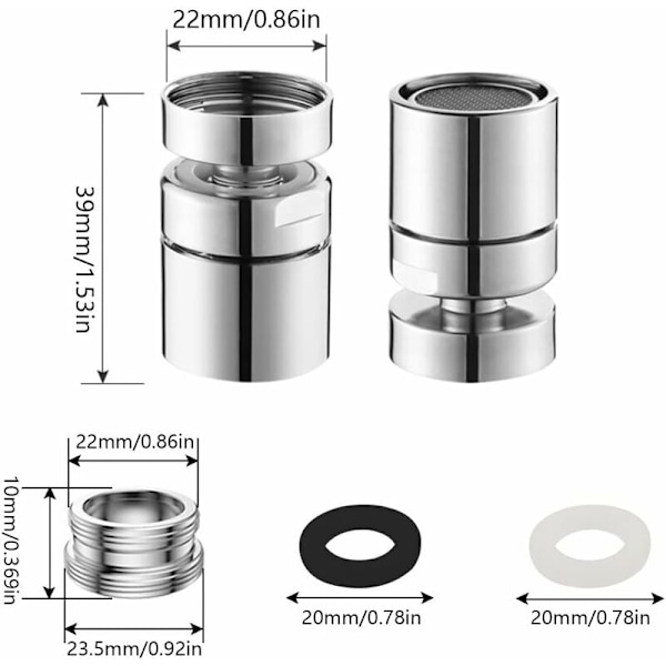 2-pakke 360° svingbar kjøkkenvaskkranluftere Bad vannsparende dyse Kranlufter for kraner med M22 utvendig gjenge eller M24 innvendig