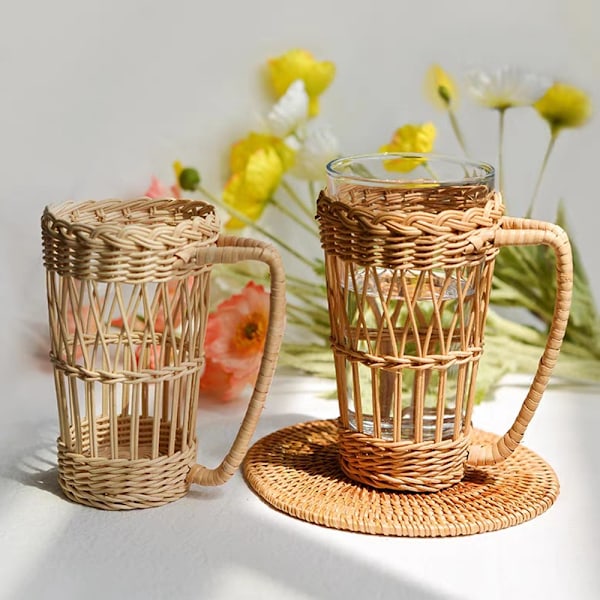 Vintage Rustik Handvävd Bambu Rotting Kopphållare Underlägg