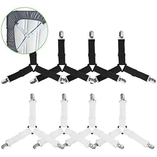 8PCS Fitted Sheet Tensioner, 3-veis justerbare trekantede stropper med klips for tunge laken, elastiske lakenholdere for madrassbeskyttelse og sofa