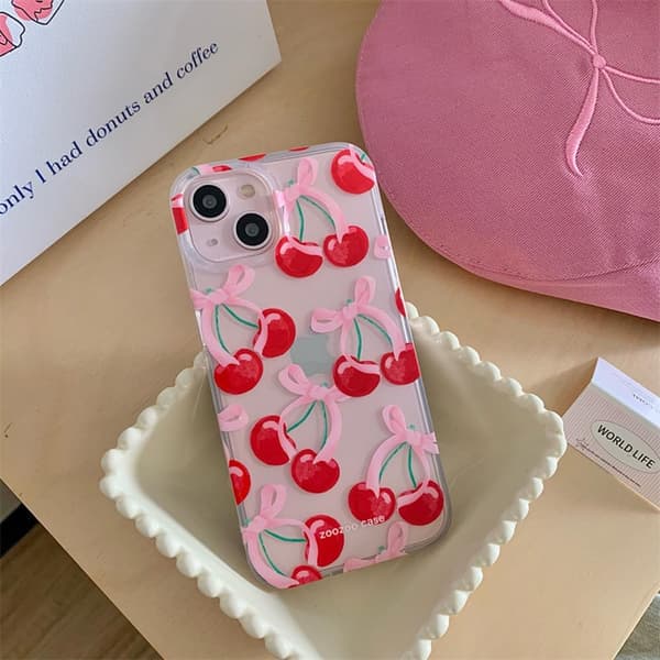 PC-compatible iPhone case, cute cherry bow aesthetic design, soft TPU slim - clear iPhoneX XS