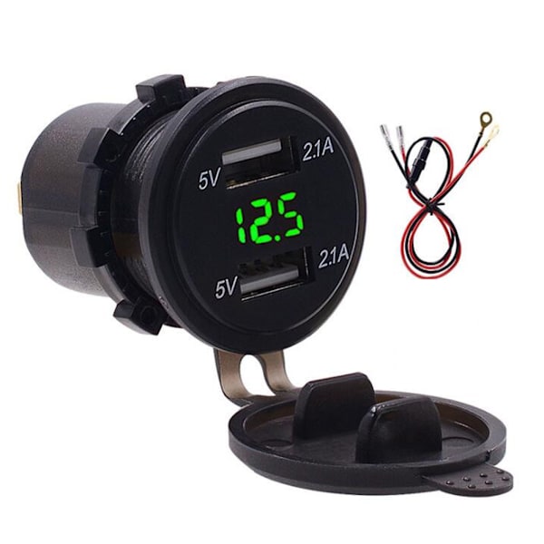Vattentät Dubbel USB Telefonladdare 4.2A Laddare LED Digital Display Voltmeter med 23.6in LinjeGrön DC12-24V