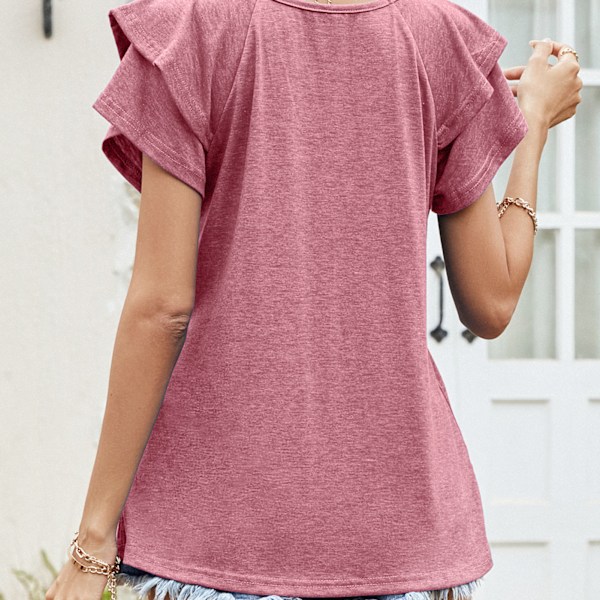 Rose L Dame Top V-hals Kort Dobbelt Lag Ruffle Ærme Almindelig Løs Tilfældig Behagelig Sommer T-shirt