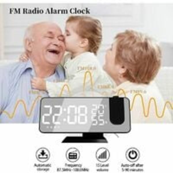 Projektiohälytyskello, LED-digitaalinen herätyskello peilipinnalla, USB-latausportti, torkku, kaksoishälytys, FM-radio, lämpötila ja kosteus, 12/24H