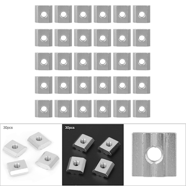 30 st T-spår Mutter Set Aluminium Profil Trådad T Glidmutter Block Fästelement (M6)