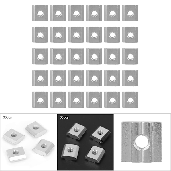 30 stk. 30 Serie T-spor Møtrikker Sæt Aluminiumsprofil Gevindet T Skydemøtrik Blok Fastgørelseselementer (M6)