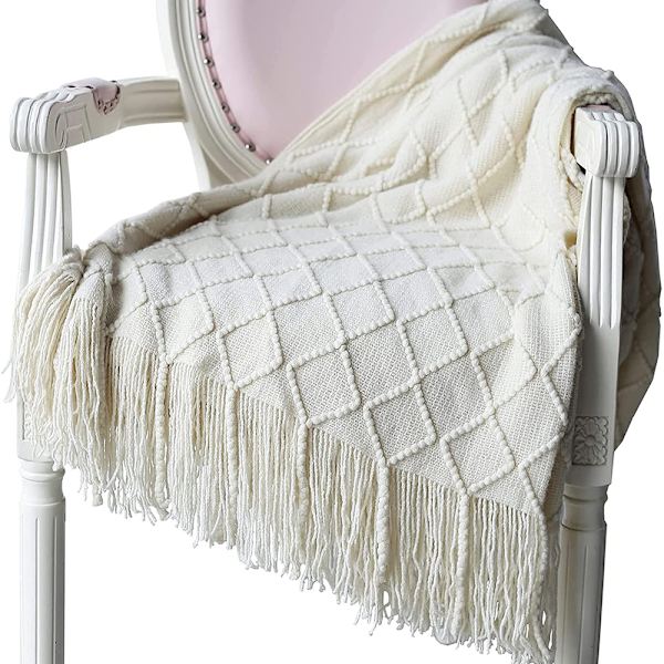Mjuk stickad ullfilt med tofsar, gosig filt, sofffilt, sovfilt, beige 130 x 230 cm
