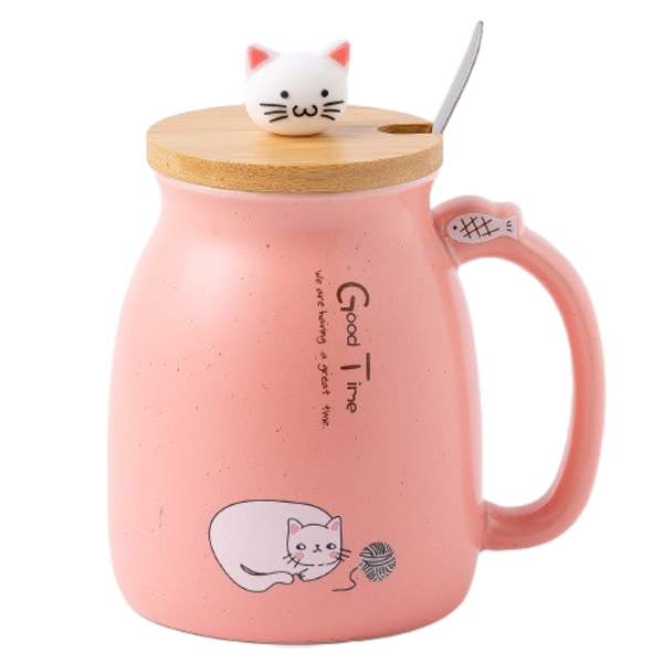Söt keramisk kaffekopp Söt kattlock med sked Kawaii glasunderlägg nyhet tekopp rosa kvinnlig mugg Julkopp Mors dag present födelsedagspresent 450ml