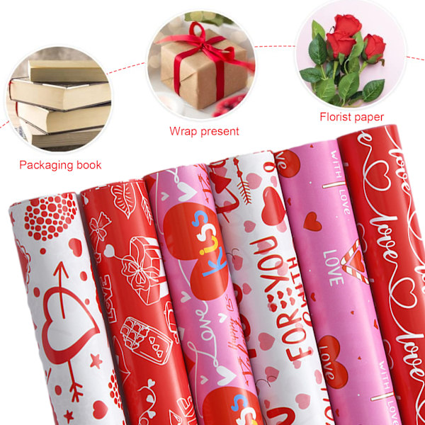 Kärleksgåva inslagning papper, 6 st 50×70cm rött hjärta premium årsdag inslagning papper, återvinningsbar förpackning perfekt för alla hjärtans dag, bröllop,
