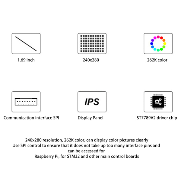 1,69-tums IPS LCD-skärmmodul 240x280 upplösning SPI-gränssnitt 262K färger LCD-modul för Raspberry Pi för STM32