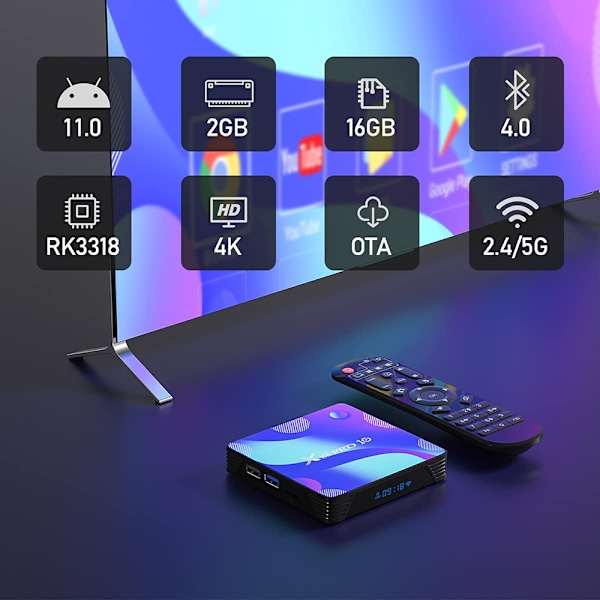 Android 11.0 TV-boks, Smart Box 2GB RAM 16GB ROM RK3318 Quad-Core 64bit Cortex-A53 2.4GHz/ 5GHz WiFi 100M LAN Enternet 4K UHD Bluetooth 4.0