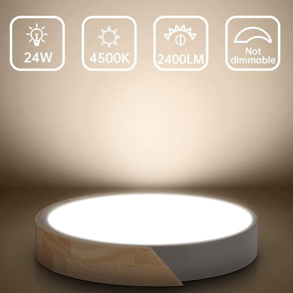 LED-kattovalaisin, pyöreä puinen LED-kattovalaisin, 24 W, 2400 lm, harmaa kattovalaisin, neutraali valkoinen 4500 K, moderni sisäkattovalaisin