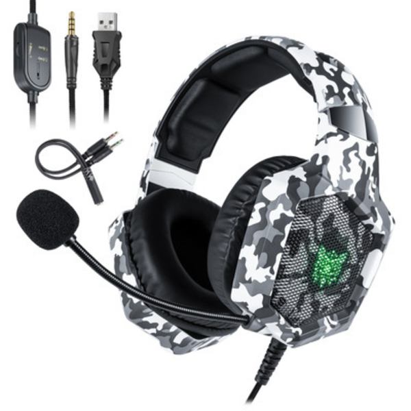 Gaming-headset med mikrofon för PS4, PC Gamer Stereo Gaming (Kamouflage vit)