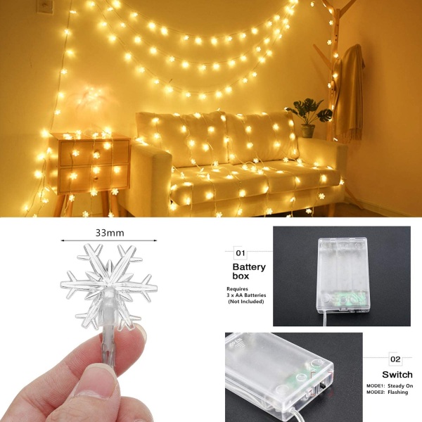 Julbelysning, 20 Ft 40 Led Snowflake String Lights Batteri