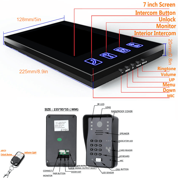 7 tum TFT LCD Dörrklocka Fjärrkontroll Lösenordskort Videodörrtelefon Regnsäker Intercom 100-240V (EU-kontakt)