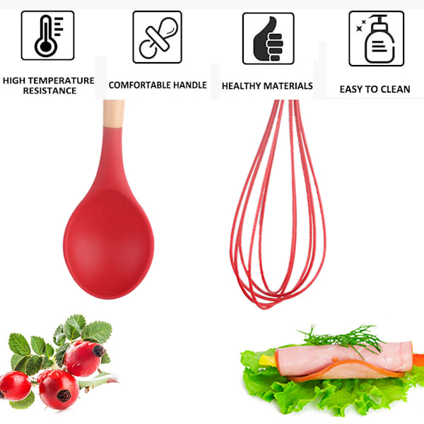 Non-Stick Silikon Kjøkkenredskaper Sett med Naturlig Acacia