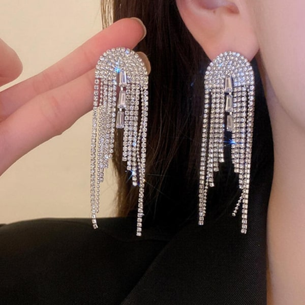 2PCS Rhinestone Dangling Tassel Earring Fashionable Wedding Bridal Tassel Dangle Drop Earrings for Women and Girls Gold